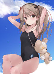 Rule 34 | 10s, 1girl, black one-piece swimsuit, blue sky, boko (girls und panzer), brown eyes, cloud, competition school swimsuit, day, feet out of frame, girls und panzer, hairband, light brown hair, long hair, looking at viewer, one-piece swimsuit, school swimsuit, shimada arisu, side ponytail, sitting, sky, solo, stuffed animal, stuffed toy, swimsuit, teddy bear, yumesato makura