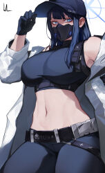 Rule 34 | 1girl, bare shoulders, baseball cap, belt, black belt, black gloves, black hair, black hat, black mask, black pants, black shirt, blue archive, blue eyes, bluecup, breasts, buckle, chest harness, coat, commentary, crop top, gloves, halo, hand up, harness, hat, highres, large breasts, long hair, long sleeves, looking at viewer, lower body, mask, midriff, mouth mask, navel, off shoulder, open clothes, open coat, pants, saori (blue archive), shirt, signature, simple background, sleeveless, sleeveless shirt, snap-fit buckle, solo, standing, underbust, white background, white coat