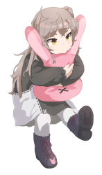 Rule 34 | 1girl, :&gt;, absurdres, aged down, animal print, black coat, black footwear, boots, brown hair, chicory, child, closed mouth, coat, commentary, cowlick, crossed bangs, feet up, full body, girls&#039; frontline, highres, leaning forward, long hair, long sleeves, looking away, multicolored coat, hugging object, official alternate costume, orange eyes, pantyhose, rabbit print, scar, scar across eye, scar on face, shoe soles, shoelaces, sitting, solo, ump45 (agent lop rabbit) (girls&#039; frontline), ump45 (girls&#039; frontline), white background, white coat, white pantyhose