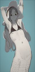 Rule 34 | 1girl, :d, armpits, bikini, bikini top only, blue background, blue theme, breasts, covered erect nipples, greyscale with colored background, hands up, hat, highres, lamia, long hair, looking at viewer, monochrome, monster girl, mossacannibalis, navel, open mouth, original, simple background, small breasts, smile, solo, stretching, sun hat, swimsuit