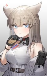 Rule 34 | 1girl, animal ears, arknights, arknights: endfield, black gloves, blue eyes, breasts, brown hair, closed mouth, commentary request, dress, gloves, gradient background, grey background, hair between eyes, hand up, highres, horn/wood, jacket, long hair, long sleeves, looking at viewer, medium breasts, off shoulder, open clothes, open jacket, perlica (arknights), puffy long sleeves, puffy sleeves, sleeveless, sleeveless dress, solo, white background, white dress, white jacket
