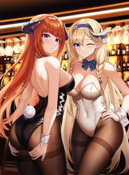 Rule 34 | 2girls, absurdres, alternate costume, arknights, ass, bagpipe (arknights), bare shoulders, black leotard, blonde hair, blue bow, blue bowtie, blue eyes, blush, bow, bowtie, braid, breasts, brown pantyhose, closed mouth, commentary, covered navel, detached collar, english commentary, fake tail, gongbangmanchi (daisy cutter), hair ornament, hairband, hand on own hip, highleg, highleg leotard, highres, horns, indoors, large breasts, leotard, looking at viewer, looking back, multiple girls, one eye closed, orange hair, pantyhose, pointy ears, rabbit tail, saileach (arknights), smile, tail, thighband pantyhose, thighs, twin braids, white leotard, wrist cuffs