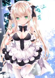 Rule 34 | 1girl, apron, bare shoulders, black bow, black dress, blonde hair, blush, bow, breasts, cleavage, closed mouth, commentary request, detached sleeves, dress, garter straps, green eyes, green nails, hair between eyes, hair bow, hand up, highres, long hair, looking at viewer, maid, maid headdress, medium breasts, nail polish, nanase nao, original, puffy short sleeves, puffy sleeves, short sleeves, solo, thighhighs, twintails, very long hair, white apron, white sleeves, white thighhighs, wrist cuffs