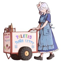 Rule 34 | 1girl, adapted costume, apron, blue dress, bottle, cart, commentary, cup, curly hair, dress, flower, food, frills, full body, grey eyes, hair between eyes, hair flower, hair ornament, highres, ice cream, ice cream bar, ice cream cone, jar, jewelry, letty whiterock, loafers, looking at viewer, mefomefo, necklace, no socks, pocket, shoes, short sleeves, silver hair, simple background, smile, snowflakes, solo, spanish text, sprinkles, touhou, translated, white background, wide sleeves