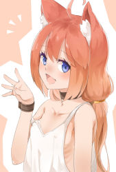 Rule 34 | 1girl, :d, ahoge, animal ear fluff, animal ears, bare arms, bare shoulders, black choker, blue eyes, blush, breasts, brown background, brown hair, cat ears, choker, collarbone, commentary request, covered erect nipples, fang, hair between eyes, hand up, highres, hinata channel, long hair, looking at viewer, loose clothes, low twintails, nekomiya hinata, nishiuri, no bra, open mouth, ribs, shirt, small breasts, smile, solo, strap slip, tank top, twintails, two-tone background, upper body, very long hair, virtual youtuber, white background, white shirt, wristband