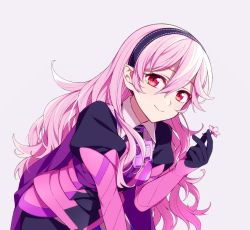 Rule 34 | 1girl, alternate color, armor, black gloves, black hairband, closed mouth, corrin (female) (fire emblem), corrin (fire emblem), fire emblem, fire emblem fates, flower, gloves, grey background, hairband, hiyori (rindou66), holding, holding flower, long hair, nintendo, pink hair, pointy ears, red eyes, simple background, smile, solo