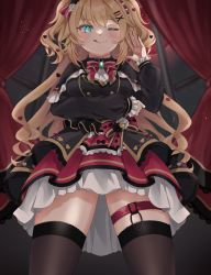 Rule 34 | 1girl, ;p, akai haato, akai haato (gothic lolita), arm under breasts, black thighhighs, blonde hair, blue eyes, blush, bow, breasts, commentary, curtains, dress, frilled dress, frills, gothic lolita, hair bow, hair ornament, heart, heart hair ornament, highres, hololive, large breasts, layered dress, lolita fashion, long hair, looking at viewer, moon, na na, one eye closed, red curtains, red dress, red moon, thigh strap, thighhighs, tongue, tongue out, twintails, virtual youtuber, x hair ornament