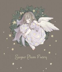 Rule 34 | 1girl, closed mouth, dress, english text, closed eyes, fairyapple, full body, long hair, original, simple background, sketch, solo, star (symbol), wings