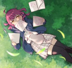 Rule 34 | &gt; &lt;, 1girl, :d, ahoge, asagi 874, black thighhighs, blue jacket, blush, cat, checkered clothes, checkered skirt, commentary request, grass, grey skirt, half-closed eyes, hanpen (nijigasaki), highres, holding, holding paper, hood, hooded jacket, jacket, leaf, long sleeves, love live!, love live! nijigasaki high school idol club, lying, marker, on back, open clothes, open jacket, open mouth, outdoors, paper, pink hair, rina-chan board, shirt, short hair, sketchbook, skirt, smile, tennoji rina, thighhighs, white cat, white shirt, yellow eyes, zettai ryouiki