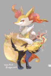 Rule 34 | animal ear fluff, animal nose, braixen, creatures (company), dated, fire, furry, game freak, gen 6 pokemon, grey background, highres, holding, holding wand, light smile, looking at viewer, nintendo, orange eyes, pokemon, pokemon (creature), pokemon xy, simple background, snout, solo, sparkle, standing, twig, twitter username, volpecorvo, wand