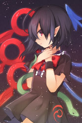 Rule 34 | 1girl, ahoge, akagashi hagane, asymmetrical hair, asymmetrical wings, black dress, black hair, dress, hands on own chest, houjuu nue, pointy ears, profile, red eyes, short dress, snake, solo, touhou, wings