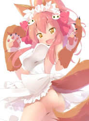 Rule 34 | 1girl, :d, animal ears, animal hands, apron, ass, breasts, cat hair ornament, commentary request, cowboy shot, fang, fate/grand order, fate (series), fox ears, fox tail, hair ornament, hair ribbon, highres, large breasts, long hair, looking at viewer, makuran, naked apron, open mouth, pink hair, ponytail, ribbon, simple background, smile, solo, tail, tamamo (fate), tamamo cat (fate), tamamo cat (third ascension) (fate), tamamo no mae (fate/extra), white background, yellow eyes