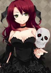Rule 34 | 1girl, bad id, bad pixiv id, bare shoulders, breasts, choker, cleavage, dress, fang, female focus, gradient background, green eyes, head wings, hologram, ika, large breasts, long hair, original, red hair, skull, smile, solo, strapless, strapless dress, wings