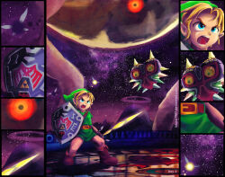 Rule 34 | belt, blonde hair, blopa-inf, blue eyes, colored sclera, commentary, english commentary, fairy, floating, green eyes, hat, holding, holding shield, holding sword, holding weapon, hylian shield, link, majora (entity), moon, moon (zelda), night, night sky, nintendo, open mouth, orange eyes, pointy ears, shield, sky, space, star (sky), starry sky, sword, tael, tatl, the legend of zelda, the legend of zelda: majora&#039;s mask, weapon, yellow sclera, young link