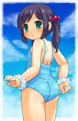 Rule 34 | 1girl, adjusting clothes, adjusting swimsuit, ass, black hair, blush, child, green eyes, looking at viewer, mizuno mumomo, one-piece swimsuit, original, short hair, solo, swimsuit, twintails
