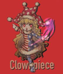 1girl :d american_flag american_flag_dress american_flag_legwear blonde_hair character_name clownpiece dress full_body fur-trimmed_dress fur_trim goushen0309 hat highres holding holding_torch jester_cap long_hair looking_to_the_side medium_bangs open_mouth pantyhose pink_hat pointy_ears polka_dot_headwear red_background red_eyes simple_background smile solo standing standing_on_one_leg star_(symbol) star_print striped_clothes striped_dress striped_pantyhose torch touhou very_long_hair wavy_hair