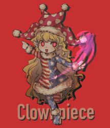 1girl :d american_flag american_flag_dress american_flag_legwear blonde_hair character_name clownpiece dress full_body fur-trimmed_dress fur_trim goushen0309 hat highres holding holding_torch jester_cap long_hair looking_to_the_side open_mouth pantyhose pink_hat pointy_ears polka_dot_headwear red_background red_eyes simple_background smile solo standing standing_on_one_leg star_(symbol) star_print striped_clothes striped_dress striped_pantyhose torch touhou very_long_hair wavy_hair