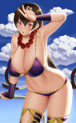 Rule 34 | 1girl, :o, arm guards, arm up, armpits, beads, bikini, blue sky, blush, bow, breasts, brown hair, cleavage, cloud, collarbone, commentary request, day, earrings, fate/grand order, fate (series), gonoike biwa, hair between eyes, hair rings, hand on forehead, hanging breasts, highres, hoop earrings, jewelry, large breasts, leaning forward, long hair, looking at viewer, navel, necklace, open mouth, outdoors, prayer beads, purple bikini, purple eyes, purple thighhighs, railing, ring, sky, solo, stomach, straight hair, swimsuit, thighhighs, thighs, very long hair, xuangzang sanzang (fate), yellow bow