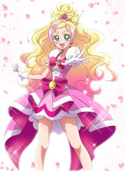 Rule 34 | 1girl, blonde hair, bow, clenched hand, cure flora, earrings, eyebrows, gloves, go! princess precure, gradient hair, green eyes, hanzou, haruno haruka, jewelry, long hair, magical girl, multicolored hair, pink bow, pink hair, pink skirt, precure, skirt, smile, solo, streaked hair, thick eyebrows, two-tone hair, waist bow, white background, white gloves