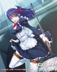 Rule 34 | 1girl, :d, black hair, blue eyes, breasts, cleavage, cleavage cutout, clothing cutout, decantering, garter straps, hair ribbon, headdress, holster, juliet sleeves, knife, long sleeves, maid, maid headdress, mop, open mouth, puffy sleeves, ribbon, seikon no arcana, smile, solo, thigh holster, thighhighs, watermark, white thighhighs, yangsion
