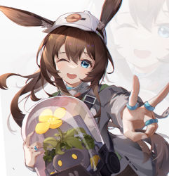 Rule 34 | 1girl, ;d, absurdres, amiya (arknights), animal ear fluff, animal ears, arknights, asc11, bag, baseball cap, blue eyes, blush, brown hair, chinese commentary, chromatic aberration, commentary request, creature, dated commentary, ears through headwear, floating hair, flower, hair between eyes, hat, highres, holding, jacket, jewelry, long hair, long sleeves, looking at viewer, metal crab (arknights), multiple rings, one eye closed, open clothes, open jacket, open mouth, outstretched arm, plant, ponytail, rabbit ears, ring, simple background, smile, solo, teeth, upper body, upper teeth only, v, very long hair, white background, white hat, white jacket, yellow flower, zoom layer