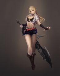 Rule 34 | 1girl, blonde hair, breasts, cleavage, crop top, denim, denim shorts, elbow gloves, fingerless gloves, foreverchaos, gloves, highres, large breasts, lips, long hair, midriff, navel, original, red eyes, short shorts, shorts, solo, sword, weapon