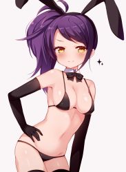 Rule 34 | 1girl, animal ears, bikini, black bikini, black bow, black bowtie, black gloves, black thighhighs, blush, bow, bowtie, breasts, closed mouth, detached collar, elbow gloves, fake animal ears, gloves, grey background, hand on own hip, highres, looking at viewer, medium breasts, pretty series, pripara, purple hair, rabbit ears, short hair, side ponytail, simple background, smile, solo, sparkle, standing, swimsuit, thighhighs, tiger rmn, toudou shion, yellow eyes