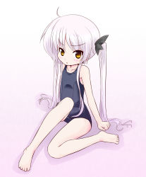 Rule 34 | 1girl, ahoge, barefoot, blush, brown eyes, child, highres, kay-u, light purple hair, long hair, one-piece swimsuit, original, school swimsuit, silver hair, sitting, solo, swimsuit, twintails, yellow eyes