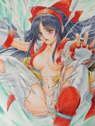 Rule 34 | 1girl, ainu clothes, blue hair, blush, breasts, cleavage, clothes pull, fingerless gloves, gloves, hair ribbon, highres, large breasts, legs, long hair, nakoruru, navel, no bra, open mouth, pants, pants pull, purple eyes, ribbon, samurai spirits, snk, solo, spread legs, thighs, thong, torn clothes, traditional media