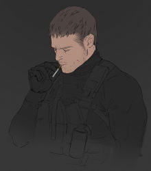 Rule 34 | 1boy, ashley swidowski, black shirt, brown hair, chris redfield, cigarette, closed eyes, facial hair, gloves, grey background, holding, holding cigarette, long sleeves, male focus, mature male, muscular, muscular male, resident evil, resident evil 5, shirt, sideburns, smoking, solo, stubble, tactical clothes, tight clothes, tight shirt