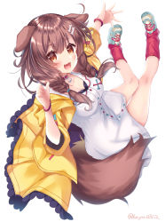 Rule 34 | 1girl, animal collar, animal ears, blue bow, bone hair ornament, bow, bracelet, braid, breasts, brown hair, buttons, character name, cleavage, collar, dog ears, dog girl, dog tail, dress, fang, full body, hair between eyes, hair ornament, hairclip, hololive, inugami korone, inugami korone (1st costume), jacket, jewelry, ko yu, long hair, looking at viewer, loose socks, low twin braids, off shoulder, open mouth, red bow, red collar, red socks, shoes, short dress, simple background, skin fang, sneakers, socks, solo, tail, twin braids, virtual youtuber, white background, white dress, yellow jacket