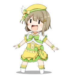 Rule 34 | 1girl, artist name, artist request, bare legs, blush, boots, bow, breasts, brown hair, chibi, collarbone, crescent, crescent hair ornament, cross-laced clothes, cross-laced dress, diamond (love live!), dress, feathers, female focus, frilled dress, frills, full body, green bow, green ribbon, grey hair, hair ornament, hat, hat feather, kamesys, light brown hair, looking at viewer, love live!, love live! nijigasaki high school idol club, love live! school idol festival, nakasu kasumi, outstretched arms, parted lips, purple eyes, red eyes, ribbon, short hair, skirt, small breasts, smile, solo, star (symbol), star hair ornament, white background, white feathers, white footwear, wrist cuffs, yellow bow, yellow dress, yellow hat, yellow ribbon, yellow skirt, yellow wrist cuffs