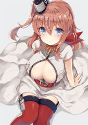 Rule 34 | 10s, 1girl, ascot, bad id, bad pixiv id, blue eyes, breast pocket, breasts, brown hair, center opening, cleavage, dress, garter straps, hair between eyes, kantai collection, large breasts, long hair, looking at viewer, no bra, open clothes, open dress, pocket, ponytail, red ascot, red thighhighs, saratoga (kancolle), side ponytail, sidelocks, sitting, solo, thighhighs, white dress, yuzu-aki