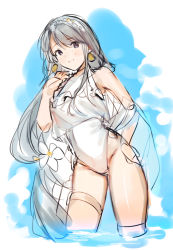 Rule 34 | 1girl, casual one-piece swimsuit, cowboy shot, crop top, flower, grey eyes, grey hair, grey hairband, hair flower, hair ornament, hairband, halterneck, highleg, highleg swimsuit, highres, kantai collection, leaning forward, long hair, low-tied long hair, one-piece swimsuit, sagiri (kancolle), shishamo (domado), smile, soaking feet, solo, standing, swimsuit, unfinished, white one-piece swimsuit