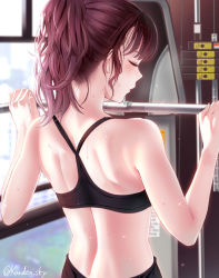 Rule 34 | 1girl, back, back focus, bare arms, bare shoulders, blush, closed eyes, commentary, from behind, gym, gym pulley, highres, indoors, kanden sky, lat pulldown machine, long hair, original, parted lips, ponytail, profile, purple hair, solo, sparkle, sports bra, sweat, training, twitter username, upper body, weights, window, work out, working out