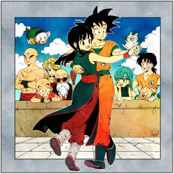 Rule 34 | 3girls, 6+boys, abs, arena, bald, beard, black eyes, black hair, blonde hair, blue eyes, blue footwear, blue hair, blue sky, blunt bangs, boots, border, brick wall, bulma, chaozu, chi-chi (dragon ball), china dress, chinese clothes, clenched teeth, closed mouth, cloud, cloudy sky, couple, crack, cracked wall, crossed arms, curly hair, dancing, day, dot nose, dougi, dragon ball, dragon ball (classic), dress, earrings, elbow rest, expressionless, facial hair, facial scar, fingernails, floating hair, flying, formal, full body, glasses, grey border, grin, hand on another&#039;s back, hand on own chin, hands on own hips, happy, hetero, highres, holding hands, jewelry, kuririn, looking afar, lunch (bad) (dragon ball), lunch (dragon ball), multiple boys, multiple girls, mustache, muten roushi, necktie, oolong, outdoors, outside border, ponytail, puar, red-framed eyewear, red neckwear, scar, scar on cheek, scar on face, sidelocks, sky, sleeveless, sleeveless dress, smile, son goku, spiked hair, straight hair, suit, sunglasses, teeth, tenshinhan, third eye, topless male, toritoki (trig tkdb), upper teeth only, wall, wristband, yamcha