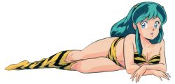 Rule 34 | 1980s (style), 1girl, animal print, bikini, boots, cone horns, crossed arms, eyeshadow, full body, green hair, horns, knee boots, long hair, looking at viewer, lum, lying, makeup, official art, oldschool, on side, oni, open mouth, retro artstyle, simple background, solo, strapless, strapless bikini, swimsuit, tiger print, tiger stripes, urusei yatsura, white background