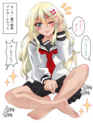 Rule 34 | 1girl, akichin (atelier baguri), alternate costume, black skirt, blonde hair, bow, grecale (kancolle), green eyes, hair bow, kantai collection, long hair, long sleeves, miniskirt, multiple hair bows, musical note, neckerchief, one eye closed, panties, pink bow, pleated skirt, red neckerchief, school uniform, serafuku, sitting, skirt, solo, speech bubble, spoken musical note, tongue, tongue out, translation request, underwear, wavy hair, white panties