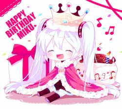Rule 34 | 1girl, :d, bad id, bad pixiv id, cake, candle, cape, chibi, crown, closed eyes, food, gift, happy birthday, haru431, hatsune miku, long hair, open mouth, sitting, skirt, smile, solo, twintails, very long hair, vocaloid
