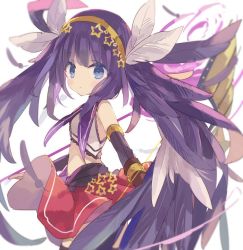 Rule 34 | 1girl, black thighhighs, blurry, closed mouth, cowboy shot, depth of field, detached sleeves, feather hair ornament, feathers, from side, hair ornament, long hair, looking at viewer, looking back, midriff, phoenix0, red skirt, sidelocks, skirt, solo, summons board, thighhighs, twintails, very long hair