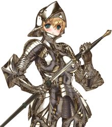 Rule 34 | 1girl, armor, blonde hair, blue eyes, blush, boobplate, breastplate, chainmail, couter, fantasy, faulds, female focus, female knight, gauntlets, hair between eyes, helmet, keuma, knight, original, plate armor, sheath, short hair, simple background, solo, sword, weapon, white background