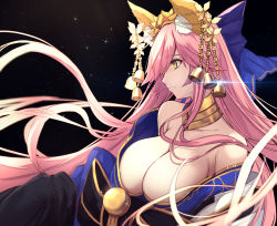 Rule 34 | 1girl, animal ear fluff, animal ears, bare shoulders, bell, black background, blue bow, blue kimono, bow, breasts, cleavage, collarbone, fate/extra, fate/grand order, fate (series), fox ears, fox girl, glint, hair between eyes, hair bow, hair ornament, hairpin, japanese clothes, jewelry, kimono, large breasts, long hair, long sleeves, neck ring, off shoulder, official alternate costume, pink hair, solo, sparkle, tamamo (fate), tamamo no mae (fate/extra), tamamo no mae (third ascension) (fate), untue, very long hair, yellow eyes