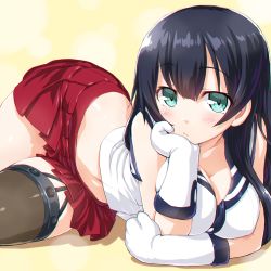 Rule 34 | agano (kancolle), aqua eyes, bad id, bad pixiv id, black hair, breasts, dd (ijigendd), garter straps, gloves, head rest, highres, kantai collection, large breasts, long hair, miniskirt, single strap, single thighhigh, skirt, solo, thighhighs, white gloves, yellow background