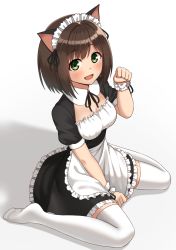 Rule 34 | 1girl, :d, animal ears, apron, between legs, black dress, black ribbon, blush, breasts, cat ears, cleavage, detached collar, dress, fang, frilled apron, frilled dress, frills, from below, full body, hand between legs, hand up, highres, idolmaster, idolmaster cinderella girls, kemonomimi mode, kurisu-kun, looking at viewer, looking up, maekawa miku, maid headdress, medium breasts, no shoes, open mouth, paw pose, pet play, ribbon, shadow, short sleeves, simple background, smile, solo, thighhighs, waist apron, white apron, white background, white thighhighs, wrist cuffs