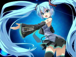 Rule 34 | 1girl, aqua eyes, aqua hair, detached sleeves, grune, hand on own chest, hatsune miku, headset, jpeg artifacts, long hair, necktie, open mouth, outstretched arm, skirt, solo, thighhighs, twintails, very long hair, vocaloid