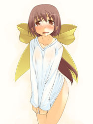 Rule 34 | 1girl, ass, blouse, blush, bottomless, bow, brown eyes, brown hair, collarbone, covering privates, covering crotch, embarrassed, hair bow, jirou (chekoro), long sleeves, looking at viewer, no panties, open mouth, original, ponytail, shirt, simple background, solo, standing, tears, yellow bow