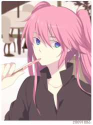 Rule 34 | 1girl, bad id, bad pixiv id, blue eyes, blurry, chair, depth of field, eating, food, harano, long hair, original, pink hair, pocky, solo, strawberry pocky, table, twintails, upper body
