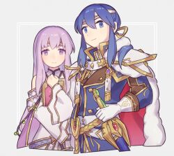 Rule 34 | 1boy, 1girl, blue eyes, blue hair, book, brother and sister, cape, circlet, dress, fire emblem, fire emblem: genealogy of the holy war, fur trim, haconeri, hand on weapon, headband, holding, holding book, julia (fire emblem), long hair, looking at viewer, nintendo, ponytail, purple eyes, purple hair, seliph (fire emblem), siblings, simple background, sword, tyrfing (fire emblem), weapon, white headband