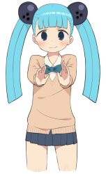 Rule 34 | 1girl, ball, blue bow, blue bowtie, blue eyes, blue hair, blue skirt, blunt bangs, blush, bow, bowling ball, bowtie, cardigan, closed mouth, collared shirt, cowboy shot, cropped legs, harau, long sleeves, looking at viewer, miniskirt, original, pleated skirt, shirt, simple background, skirt, smile, solo, twintails, white background, white shirt, wing collar