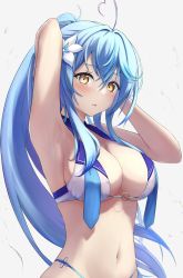 Rule 34 | 1girl, ahoge, amano kusatsu, armpits, arms up, bare arms, bare shoulders, bikini, blue hair, breasts, cleavage, flower, hair flower, hair ornament, heart, heart ahoge, highres, hololive, large breasts, long hair, looking at viewer, navel, necktie, o-ring, o-ring bikini, parted lips, ponytail, solo, stomach, string bikini, swimsuit, upper body, very long hair, virtual youtuber, white bikini, yellow eyes, yukihana lamy